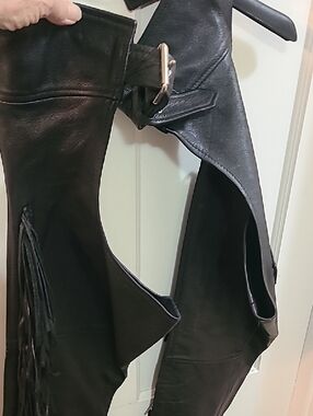 Black Leather Fringe Chaps with Buckle Waist